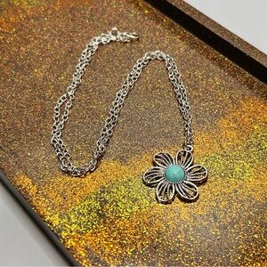 Silver Tone Flower Pendant Necklace With Turquoise Stone Accent